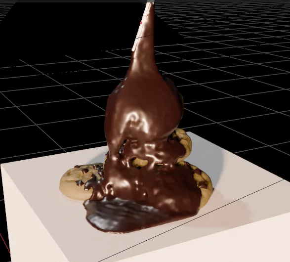 Undine simulating thick chocolate pouring over cookies and holding its shape on the Blender grid